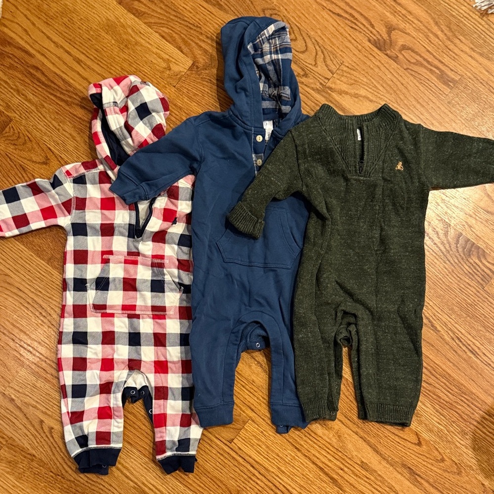 Three Cozy Baby GAP One Pieces - Plaid, Blue, and Green - 6-12 M